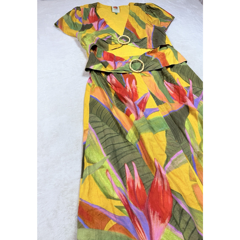 Farm Rio Yellow Tropical Leaf O-Ring Cut Out Midi Dress Resortwear Boho SZ XL - Picture 3 of 15